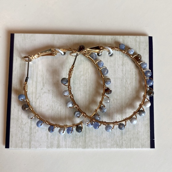 Boho Gold and Blue Stone Hoop Earrings - Picture 2 of 4